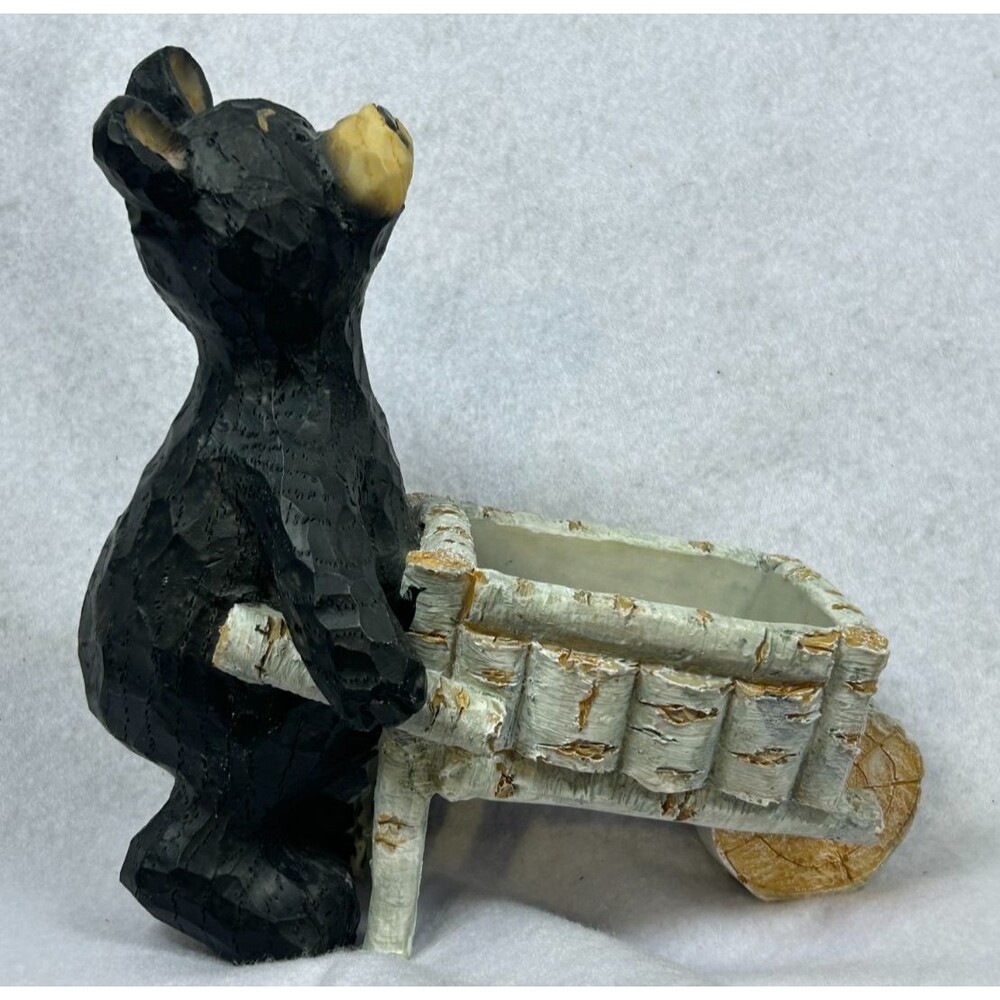 Hand Carved Black Bear Birch Bark Wheelbarrow Planter Rustic Cabin Decor